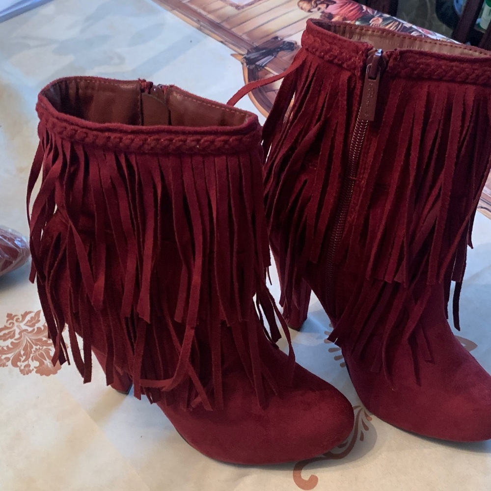 Breckelles Burgundy Fringed Heeled Boots